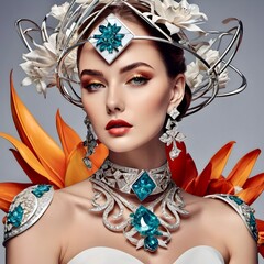 Professional jewelry photo shoot, floral decor. Female portrait  