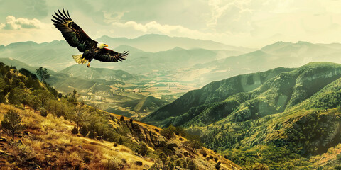 The Eagle Soars Over Liberty: A majestic bald eagle takes flight, soaring high above the American landscape of rolling hills and towering mountains.