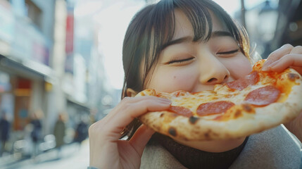 Asian woman enjoys a large slice of pizza outdoors, highlighting the joy of street food and casual dining. Ideal for food, travel, and lifestyle themes. Food, travel, lifestyle