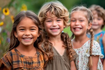 Three children smiling cheerful to the camera. Park scene at day time. Youth smile
