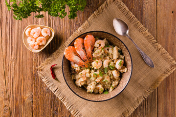 Traditional Portuguese bread soup with shrimp.. AÇORDA ALENTEJANA.
