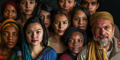 The Melting Pot of Cultures: A diverse group of people from various ethnic backgrounds stand together, arms around each other, united in their shared American experience.