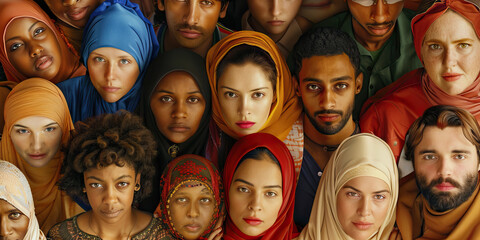 The Melting Pot of Cultures: A diverse group of people from various ethnic backgrounds stand together, arms around each other, united in their shared American experience.