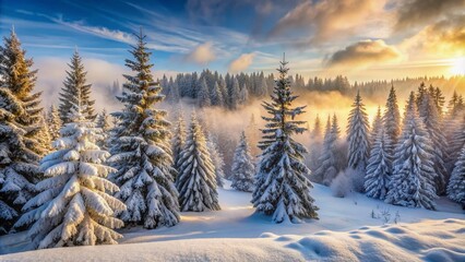 Fototapeta premium Serene winter landscape featuring a snow-covered forest with frosted evergreen trees, icy mist, and a blanket of pristine white snow covering the forest floor.