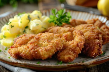 Fototapeta premium A plate of fried chicken and mashed potatoes
