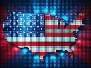 Vibrant pixelated USA map artfully crafted with stars and stripes, embodying American pride, unity, and modern digital creativity, set against a bold, contrasting background.
