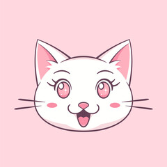 White kawaii cat's head on pink background. Vector cute animal character. 
