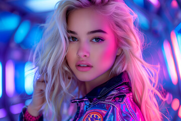 Fototapeta premium A woman with blonde hair and blue eyes is wearing a jacket with a patch on it. She is standing in front of a neon light