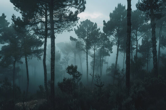 Hermoso fondo natural de un bosque con siluetas de arboles y niebla de amanecer, entonos verdosos y azulados