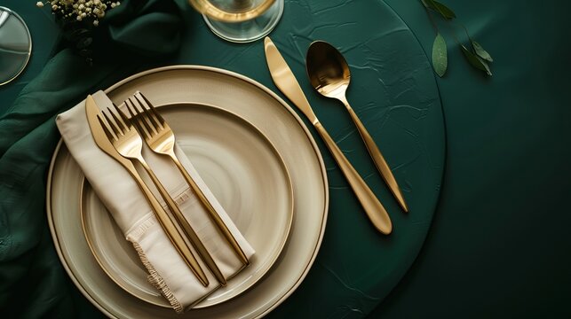 Elegant table setting with beige plates and gold cutlery on a dark green background. Use it as a card template or menu for a luxury restaurant. Top view.