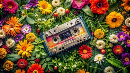 Vibrant colorful flowers cover a vintage music cassette, surrounded by lush greenery, evoking nostalgia for the charming era of mixtapes and analog music.