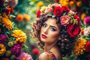 Naklejka premium Vibrant flowers envelop a whimsical, curly-haired Latina woman in a soft focus, retro-inspired setting, evoking nostalgic feelings of a bygone era's feminine charm.