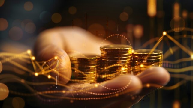 Close-up of Hand Holding Gold Coins with Digital Financial Graph Overlay