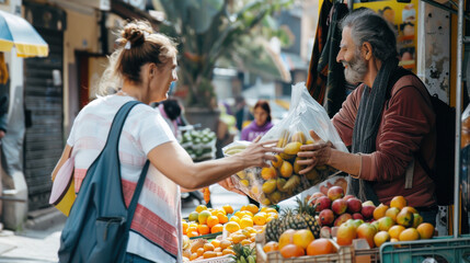 Obraz premium Joyful street vendor running a small fruit stand, passing a bag of fresh produce to a satisfied customer