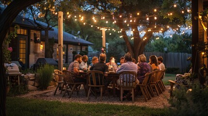 Families and friends enjoyed a delightful barbecue dinner under twinkling lights in a backyard garden. Laughter filled the air as they shared stories and savored the evening.