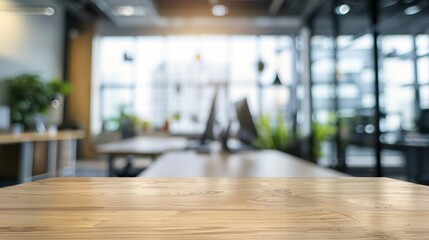 Obraz premium Abstract Wooden Desktop with Blurred Office Background. Empty Office Open Space Interior, Business Meeting Corporate Setting, Modern Office Building Conference Room, AI-Generated Company Corporate Ind