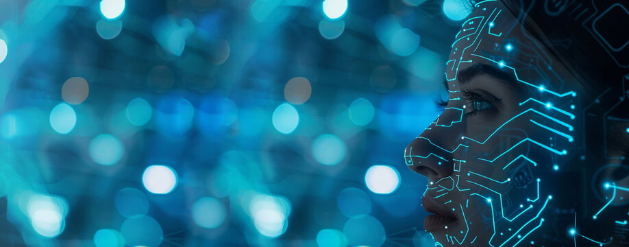 human face against a dark background,  intricate connections of data networks.AI digital and virtual reality