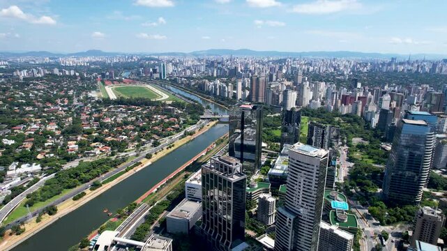 Marginal Pinheiros At Sao Paulo Brazil. Aerial View Of A Bustling City With High-Rise Buildings And Traffic. Business Sky Downtown Cityscape. Business Downtown Panorama. Sao Paulo Brazil.