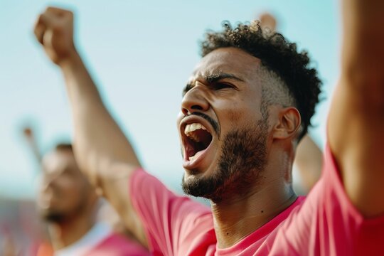 A passionate sports fan energetically cheers for his team, showcasing excitement and enthusiasm at a live event in the stands.