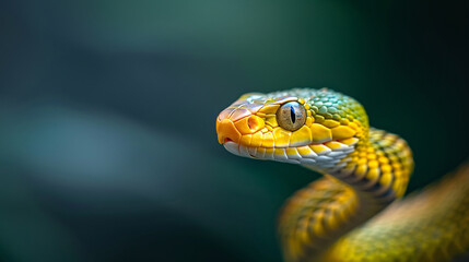 Fototapeta premium A snake with a yellow head and green body is shown in a close up. The snake appears to be looking at the camera, and its head is slightly tilted. Concept of curiosity and intrigue