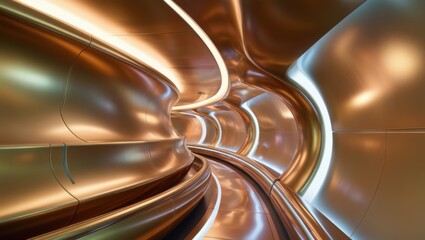 Curved golden passageway, organic shapes, polished metal surfaces, ambient lighting, sci-fi spacecraft design