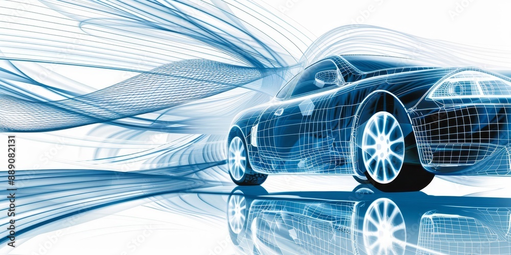 Poster abstract digital depiction of a futuristic car, combining sleek design and innovative technology, hi