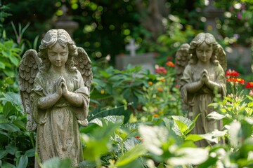 Obraz premium Serene Angel Statue in a Lush Garden with Blooming Flowers and Sunlight
