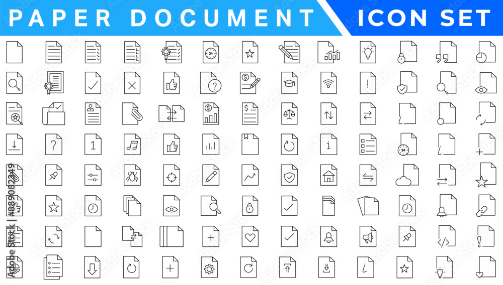 Poster Paper document icon set. Folded written paper document page icon vector element. Linear File icon in different styles.