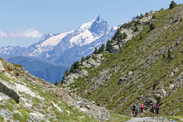 CHAMROUSSE, FRANCE, July 8, 2024 : A group of hikers at a mountain path with high peaks of La Meije in Oisans mountain range