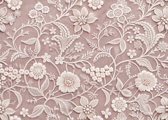 Elegant white lace with intricate floral patterns delicately intertwined on a soft pale pink background, evoking romance, femininity, and vintage charm.