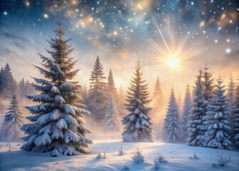 Obraz premium Serene winter landscape with delicate snowflakes gently falling onto snow-covered evergreen trees and bare branches, bathed in soft, ethereal morning light and mist.