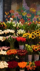 Flower market beautiful fresh flowers in vases