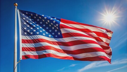 Obraz premium Vibrant red, white, and blue American flag waving proudly in the wind, featuring fifty shining stars on a crisp blue canton against a clear sky.