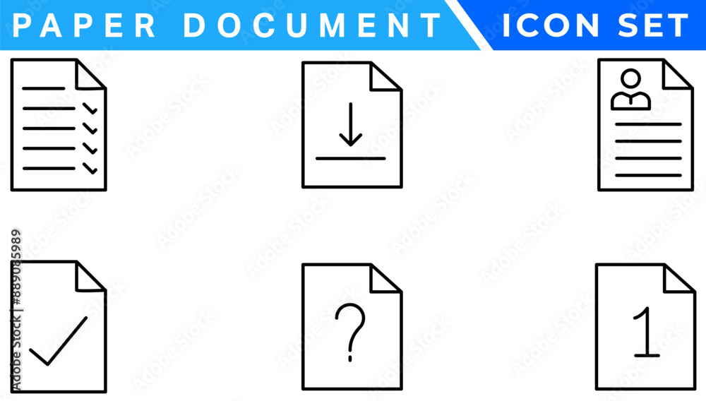 Poster Paper document icon set. Folded written paper document page icon vector element. Linear File icon in different styles.
