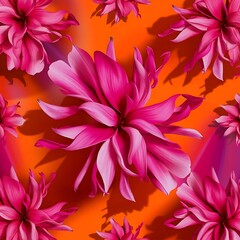 Fototapeta premium Pink flower pattern on orange background flat lay top view