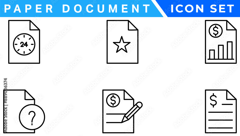 Poster Paper document icon set. Folded written paper document page icon vector element. Linear File icon in different styles.