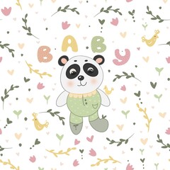 Seamless pattern with cute little Panda in suit and delicate flowers and branches with lettering on white background. Children's digital illustration.