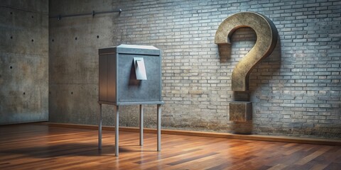 A deserted voting booth with a locked metal ballot box and a giant question mark mural on the wall, symbolizing uncertainty and democratic silence.