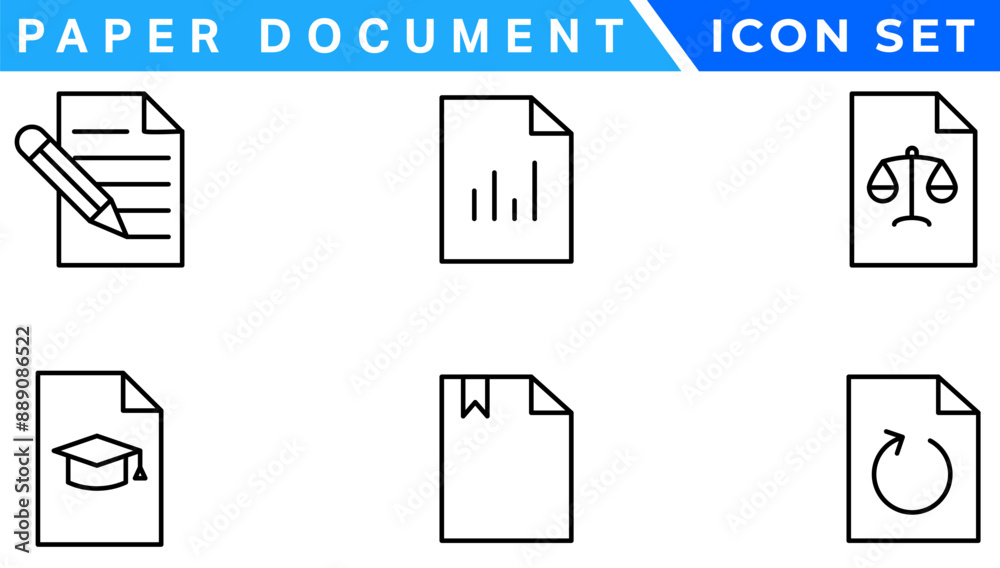 Poster Paper document icon set. Folded written paper document page icon vector element. Linear File icon in different styles.
