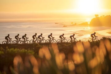 Group of cyclists training on a coastal path at sunrise, the sea reflecting the morning light and the riders' movements synchronized against a serene backdrop.