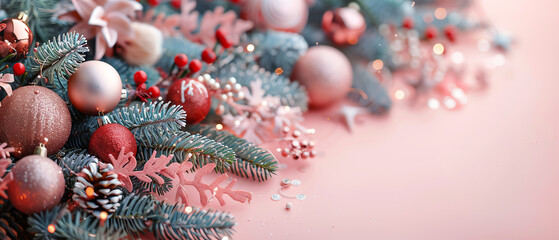 Christmas decorations on a pastel pink background.