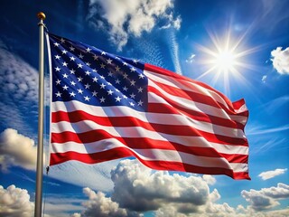 Obraz premium The American flag waves majestically, its vibrant red, white, and blue stars and stripes shining brightly, embodying freedom, patriotism, and national pride.
