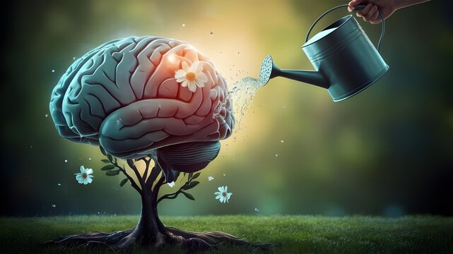 A human brain growing from the roots of a tree, pouring water onto the brain, representing the nurturing of mental health and positive attitude.