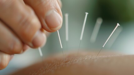A close-up image of a practitioner&rsquo;s hands skillfully inserting thin acupuncture needles into a patient&rsquo;s skin, capturing the precision and calmness of traditional Chinese medicine practice.