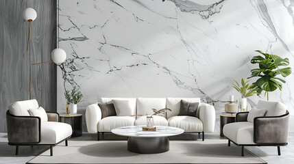 Stylish minimalist interior of a living room of a modern apartment with a beige,The living room with a marble theme looks clean and comfortable decor inspiration ideas
