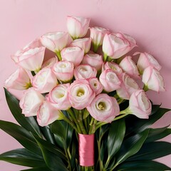 Beautiful pink and white eustoma flower lisianthus in full bloom with green leaves bouquet of flowers on pink background