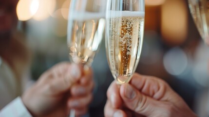 A close-up shot of three champagne glasses being clinked together, symbolizing celebration, joy, and togetherness. The golden bubbles are clearly visible in the light.