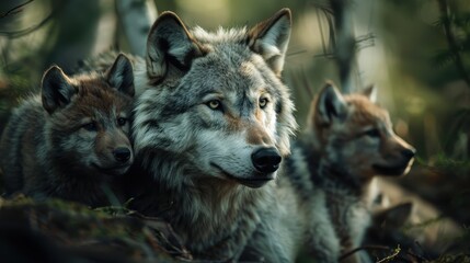 Obraz premium A touching scene of a mother wolf with her cubs in a forested area, highlighting the bond between family members while immersed in the green, natural environment.