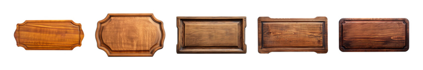 Collection of carved wooden nameplate or signboard isolated on a transparent background, cut-out, PNG