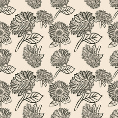 Black and white sun flower drawing pattern seamless vector for fashion clothes, textile, wrapping, decoration.